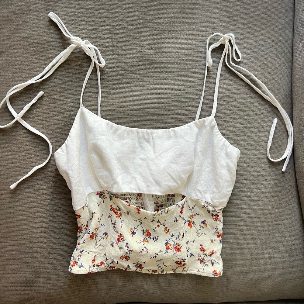 Reformation White & Floral Linen Slit Top with Tie Straps